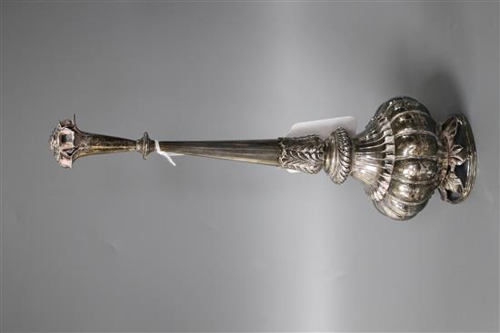 A 20th century Indian? white metal rosewater sprinkler, on pierced circular foliate base,